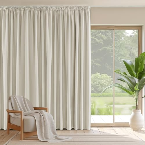 PONY DANCE Cortina Opaca Termica Aislante Frio y Calor Cortinas Salon Modernas 1 Pieza Cortinas para Ventanas Grandes Cortinas Blackout Cortinas 3 Metros, 300x245 CM, Beige Claro