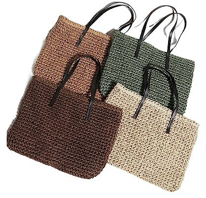 ZamoUx Bast Tote Sommer Strohtasche Damen Gewebte Tasche Große Kapazität Damen Handtasche Urlaub Strandtasche Rattan Umhängetasche (Farbe: Khaki-3, Größe: als Detailseite)