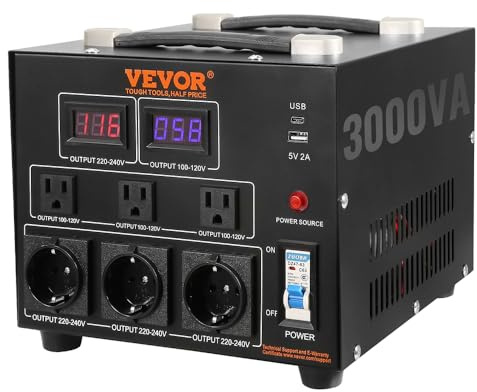 VEVOR 220 V⇄110 V Step-Up Step-Down Voltage Converter 3000 W Power Transformer med 3 US NEMA 5-15R 3-Pin-uttag 3 EU Shucko-uttag 1 USB 5 V-port 1 Type-C-uttag
