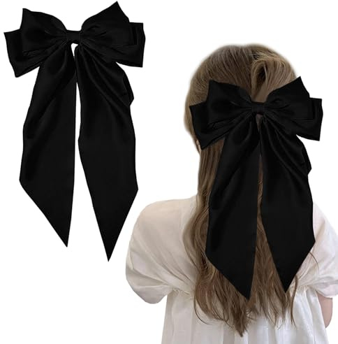 Black Hair Bow for Women - Long Ribbon Soft Satin Clips, French Style Silky Cute Gifts