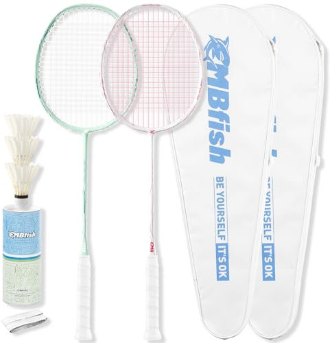 MBFISH Badmintonracket set med 2 kolfiberracket 5U, 3 fjäderbollar, 2 ersättningsgrepptejp och 2 bärväska – perfekt för utomhusspel och gym 5U (blommig + grön)