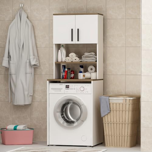 HOMIDEA MIA Mobile armadio per lavatrice - Mobile alto per il bagno con scaffali 182 x 65 x 60 cm (Bianco/Rovere)