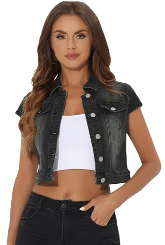 Allegra K Chaqueta de mezclilla corta para mujer, manga corta, con botones, para verano, casual, chaqueta de mezclilla corta, Negro, XS
