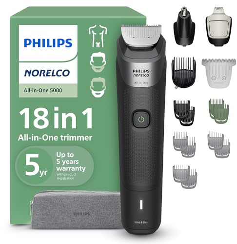 Philips Norelco All-in-One 18-Piece Trimmer 5000 Series - Shaver and Clipper for Face, Hair & Body, Self-sharpening Titanium Coated Blades, 16 Length Settings (0.5-16 mm), Wide Hair Clipper, MG5970/49