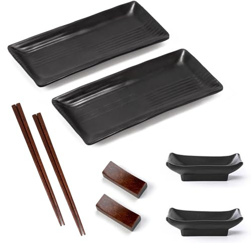 VVHFXD Juego de vajilla de sushi de 8 piezas, plato de sushi para 2 personas, pizarra con tazones para salsa,vajilla japonesa, banco, tazones para salsa, platos de pizarra, 21 × 10 cm, negro, marrón