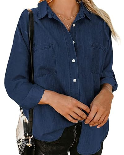 SPSMOKH Camisa vaquera de manga larga con botones para mujer, a la moda, primavera, otoño, chaqueta de mezclilla ligera con bolsillos