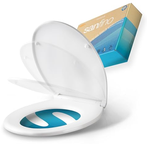 SANFINO® Premium WC Sitz mit Absenkautomatik oval – 5 Jahre Garantie – TÜV geprüfter WC Sitz mit Schnellverschluss – Abnehmbarer Toilettendeckel aus Kunststoffantibakteriell – O-Form Klodeckel Weiß