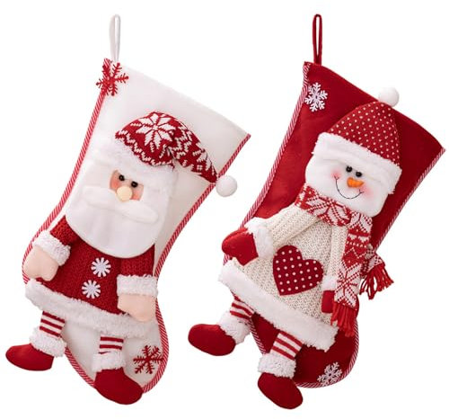 SMELEYOU Weihnachtsstrümpfe 2 PCs 16,5 Zoll niedlich Santa ＆ Schneemann gestrickte Weihnachtsstrümpfe mit hängenden Seil Weihnachts Doll Taschen Geschenk für Partyvorbevorzugungen Dekor