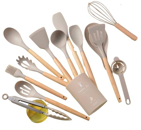 LP Fusion Home - Juego de utensilios de cocina de silicona (14 unidades), color beige