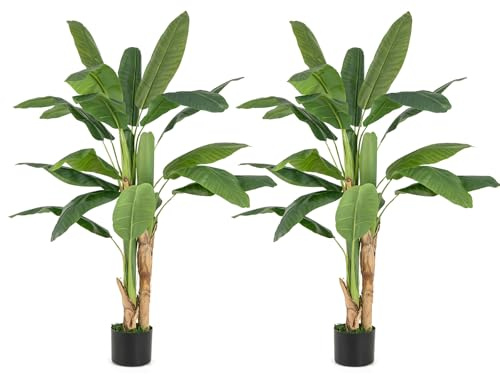 COSTWAY Artificial Banana Plant in Plastic Pot, Bird of Paradise Tree, Indoor Outdoor Greenery Fake Decorative Plants for Home Office Lobby Restaurant Garden (2, 160CM,3 Trunks)