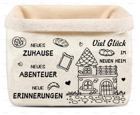 Brotkorb aus Stoff-Viel Glück im Neuen Heim Geschenk-Brotbeutel Groß Rechteckiger Brottüten,Brötchenkorb für Einweihungsgeschenk,Einkaufstasche Baumwolle Gemüsekorb (35 x 37 cm) (Cremeweiß - 1 Haus)