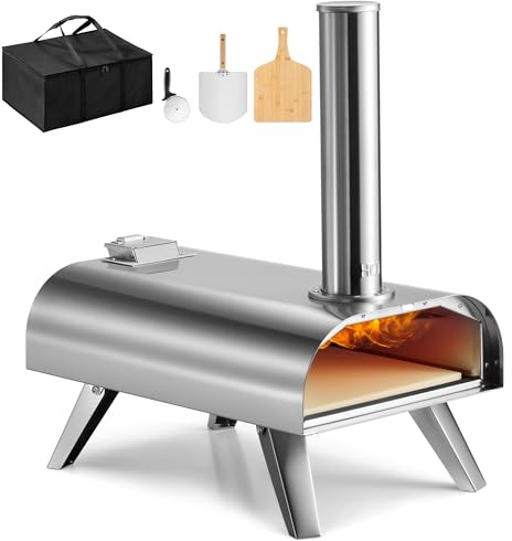 VonHaus Pizza Oven Outdoor – For Tabletop with Accessories, Peel, Chopping Board, Cutter, Storage Bag – Stainless Steel, Pellet Fuelled, Removable Chimney, Foldable Legs – For up to 12” Dough