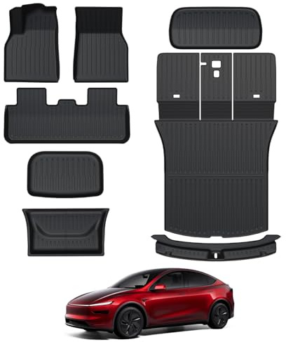 Foronetry Floor Mats for 2025 2026 Tesla Model Y Juniper, 8PCS All Weather Full Set Cargo Liners Accessories, 3D TPE Odorless Floor Mat Trunk Frunk Rear Mats for 5-Seater(Not Fit 7Seat and Standard)