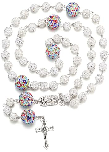 RWQIAN Rosenkranz Katholische Halsketten Damen Herren Bling pink Rosenkranz Perlen Kette mit Kreuz Anhänger Erste Heilige Kommunion Taufe Geschenk Religiöse Gebetskette Schmuck für Mädchen Jungen