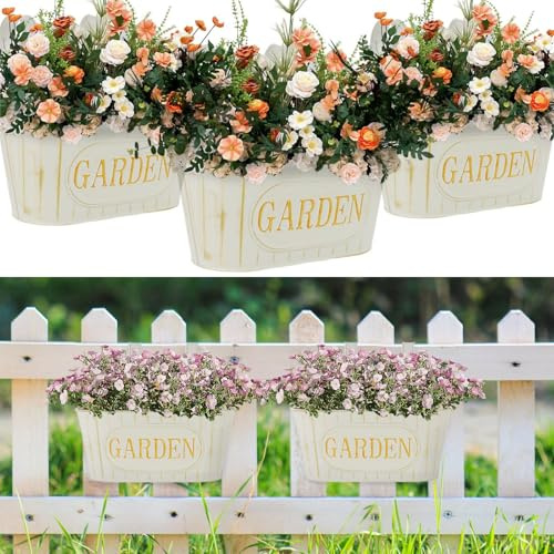 Lot de 3 pots de fleurs à suspendre vintage en métal pour balcon, balustrade, seau à fleurs rustique ovale avec crochets amovibles et trou de drainage pour jardin, porche, terrasse