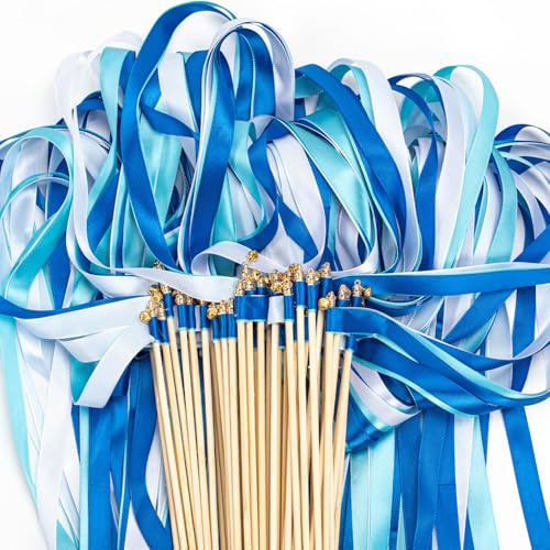 50 Stück Wedding Wands Wunderkerzen Hochzeit Sitzplan Spalier Hochzeit | Blau Sitzplan Hochzeit Luftschlangen mit Groß Glöckchen und Hochzeitsbändern Zauberstäbe Seidenfeenstab für Hochzeiten