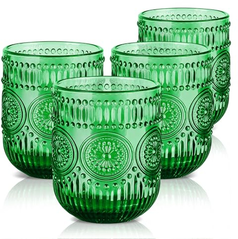 Joeyan Lot de 4 Verres à Boire Coloré, 260ml Verres à Jus et Soda, Vintage Verres à Eau Décoré en Floraux Relief, Verre de table Pour Eau Gazeuse Apéritif et Bière, Lavable Lave-Vaisselle, Vert Foncé
