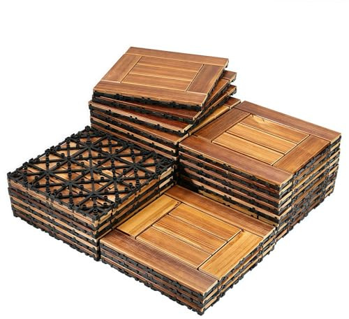 Carreaux de terrasse en sapin de 30 × 30 cm, toute coupe et épissure, surface lisse, carreaux de sol en bois et carreaux de terrasse emboîtables pour extérieur et intérieur, terrasse, jardin, balcon