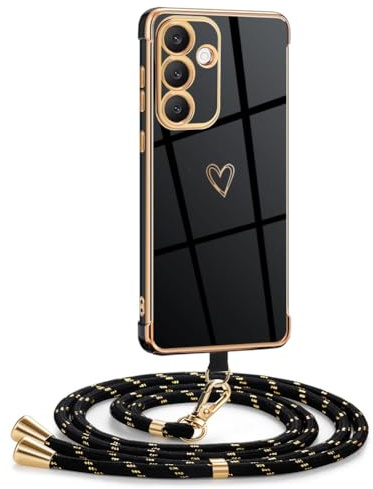 Mkej Hülle Kompatibel mit Samsung Galaxy S25 FE Hülle mit Band, Galvanik Silicone Handyhülle mit Herz Love Design, Abnehmbar und einstellbar Handykette für Samsung Galaxy S25 FE, schwarz