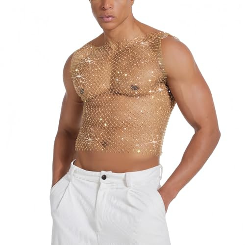 RuiChy Débardeur Résille Homme Haut Pailleté Sexy Chemise Transparente sans Manches Maillot de Corps Déchiré Tenue Extravagante pour Soirées en Boîte et Festivals Musicaux(Doré/L)