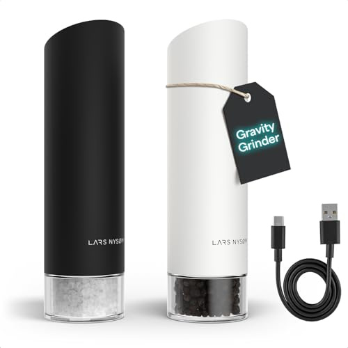 LARS NYSØM Gravity Grinder - Electric Salt & Pepper Grinder Set - USB-C Rechargeable Automatic Spice Grinder, Adjustable Coarseness, One-Handed Operation for Kitchen (Black/White)