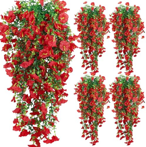 HOREAKHJ 4-Pack Fake Hanging Plants, Faux Hanging Plant Artificial Greenery for Living Room Bedroom Boho Wall Shelf Indoor Outdoor Decor (Red Morning Glory)