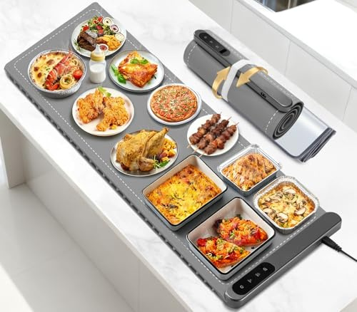 Food Warming Mat Large, XXL (42x15) Electric Food Warmers Mat with Heat Resistant Pad for Countertop, Heat 6 Level Temperature & 6 Hours Timer, Foldable Heating Trays for Buffets Party, Gray