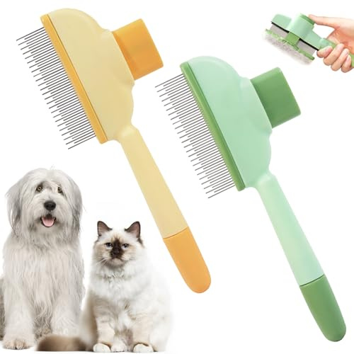 2 Bürsten für Katzen Und Hunde Mit Selbstreinigungsfunktion, Katzenkamm Gegen Knoten Und Schwimmende Haare, Weiche Katzenbürste für Fellpflege, Entfernt Schwimmende Haare Effektiv (Grün + Gelb)