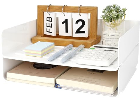 Otauoaea 2 Stück Briefablage Stapelbar, Dokumentenablage Weiß aus PET, Ablage A4, Papierablage, Briefablage Organizer, Schreibtisch Organizer Ablagefächer für Büro Office
