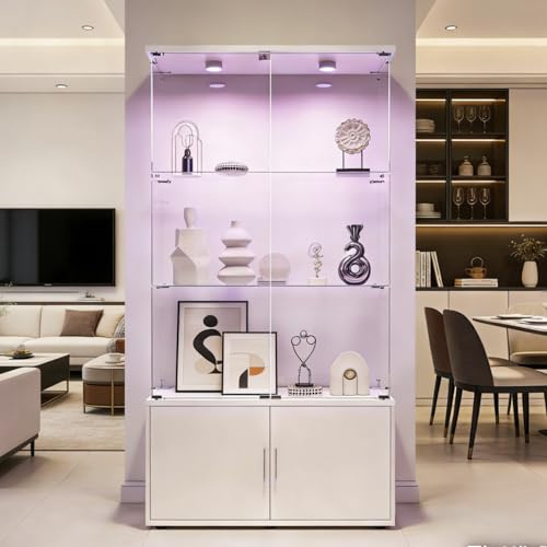 BPKADHY Glasvitrine mit Led Beleuchtung, Glas vitrinenschrank mit 2 Tür und 3 Lagen Sammlervitrine Glasvitrine Standvitrine für Wohnzimmer, Büro, Sammlerstücke (2 Tür, 3 Etagen-LED, Weiß)