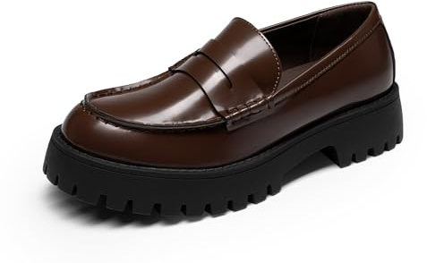 DREAM PAR Loafers för kvinnor plattform tjock penny loafer sula, bekväm dra på uppklädda vardagliga arbete affärer kontorsskor, Brun, 38 EU