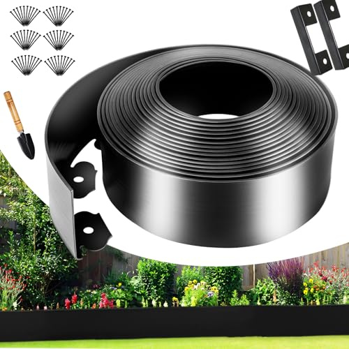 Bordure de Jardin Flexible 20m, Hauteur 10cm, avec 60 Piquets, 1 connecteur et 1 Petite Pelle, pour pelouse, Parterre Jardin. (Noir, 10cmx20m)