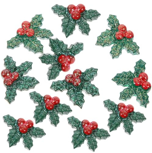 BESTonZON 50 Piezas de Adornos de Resina Hojas y Bayas de Acebo en Color Verde Oscuro Purpurina Accesorios para Manualidades Navideñas y Decoración de Árboles de Navidad