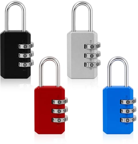 4PCS 3 Digit Combination Padlocks,Combination Locker Padlock,Small Padlocks,Suitcase Lock,School Locker Lock,Waterproof and Rainproof (Silver, Black, Red, Blue)