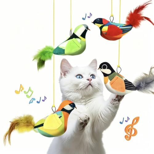 Nuoupeky Set di Giocattoli Interattivi per Gatti Uccelli Cinguettanti | 4 Pz con Catnip, Suono Realistico & Piume in Pelluche | Stimolazione di Caccia & Gioco per Gattini (M2)