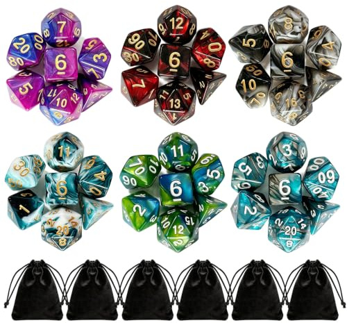 Noviatrix Dés Polyédriques, Lot de 42 Dés Jdr Set DND D4-D20, Acrylique | 6 Pochettes à Cordon, pour DND, RPG, MTG, Pathfinder, Shadowrun
