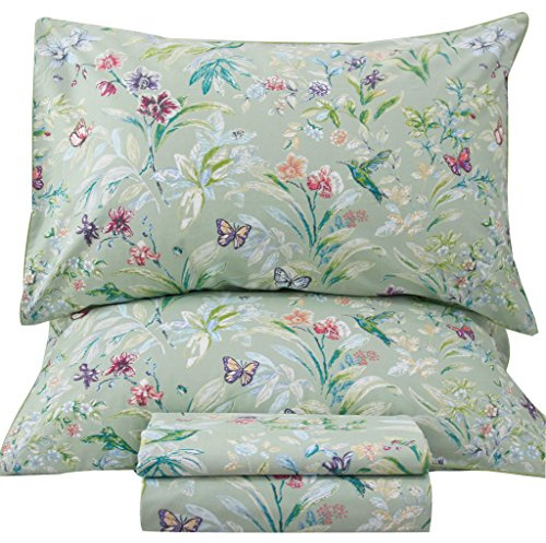 QSH Floral King Size Sheet Sets - Green Flower Bird Butterfly Print Botanical Bedding Egyptian Cotton Printed Sheets King Size Bed Extra Soft and Breathable 17.5 Deep Pockets Bed Sheets 4pcs