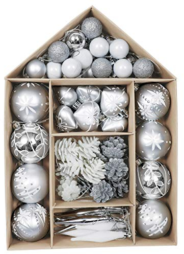 Victor's Workshop 70pcs Shatterproof Christmas Baubles Pack, Frozen Winter Silver and White Christmas Ball Ornaments for Tree Decoration