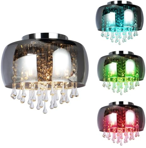 Glas Decken Lampe rauch FERNBEDIENUNG Kristall Chrom Leuchte DIMMBAR im Set inkl. RGB LED Leuchtmittel