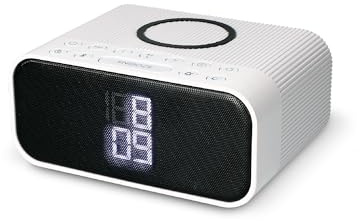 10 W trådlös laddarklocka, Bluetooth-högtalare, FM-radio, 2 larm, 3 ljusintensiteter, Qi-teknik, vit