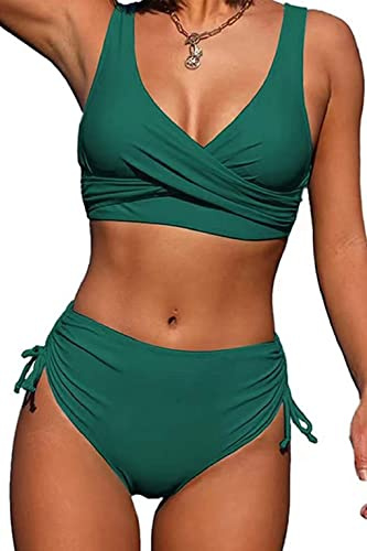Joligiao Femme Maillot De Bain 2 Pièces Vintage Ensemble Bikini Taille Haute Ruched Bas de Bikini Réglable Amincissante Slim Bikinis Push Up Ensemble de Swimwear de Plage Beachwea(Vert,S)