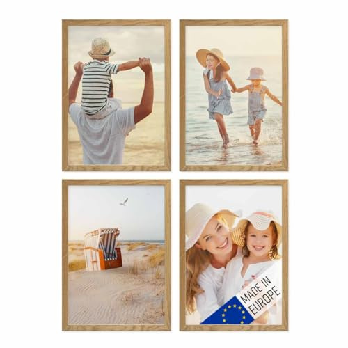 PHOTOLINI Bilderrahmen Holz A4 21x30 Eiche, Holzbilderrahmen DIN A4 Made in EU, 4er Set, bruchsicheres Acrylglas, zum Aufhängen & Aufstellen, extra Zubehör - für Ihre liebsten Fotos & Bilder