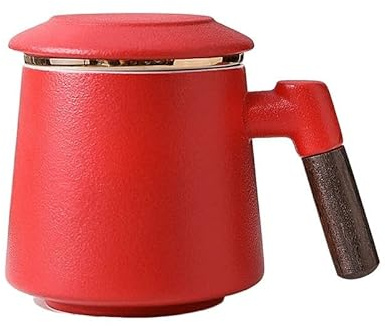 Jiaxu Copas Taza de té con Filtro de cerámica de 435ml con Tapa, Taza de separación de Agua de té, Taza de té de Oficina con Mango de Madera Tazas AGIPS (Color : Rojo)