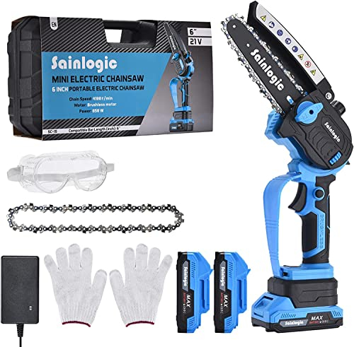 sainlogic 6 Pollici Mini Motosega a Batteria, Motosega Elettrica con Chiusura di Sicurezza, Motosega Elettrica a Batteria con Una Sola Mano per Tagliare Legna, Potare Rami
