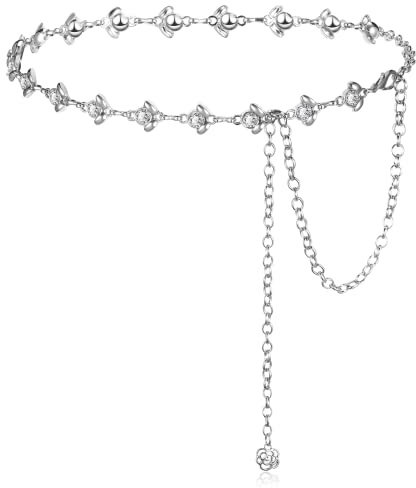 Cintura a Catena per Donna Cinta Elegante a Vita Lunga Sottile Cinturino con Strass di Cristalli (Argento, 53 Pollici)