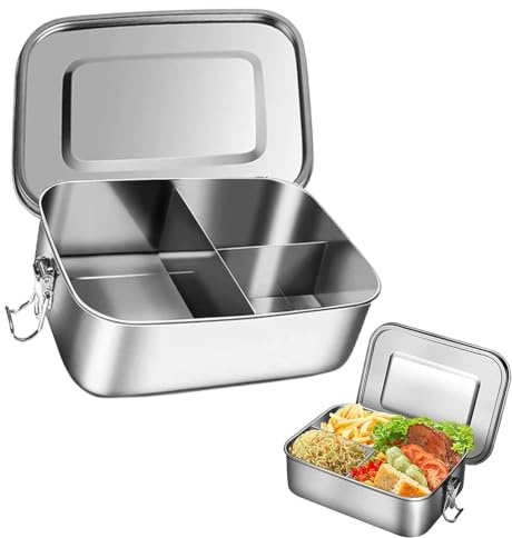 Lunchbox Edelstahl, Edelstahl Brotdose Mit Fächern, 1000 Ml, 3 Fächer | Frischhaltedosen Auslaufsicher Edelstahl, Brotdose Edelstahl, für Schule, Arbeit, Picknick (Silber)