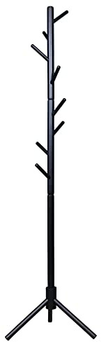 keypak Wooden Coat Stand, Freestanding Coat Rack, 8 Hooks, Adjustable Height, Hallway Coat Tree for Hanging Clothes, Jackets, Bags, Hats (Black)