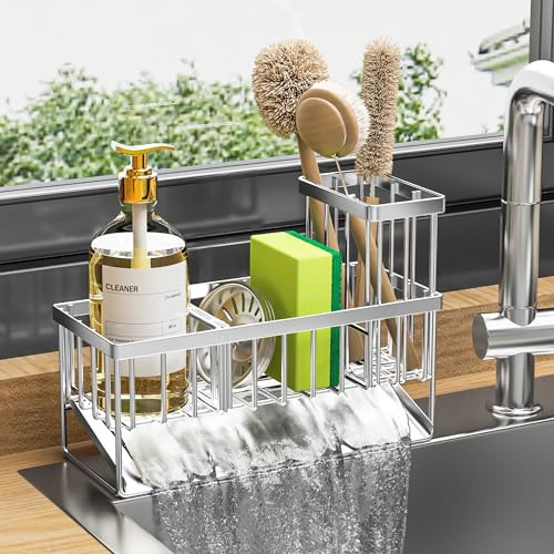Cisily Sink Caddy Sponge Holder for Kitchen Sink, 304 Stainless Steel Rustproof, Kitchen Sink Caddy with High Brush Holder, Kitchen Sink Organzier Dish Sponge Organizer with Divider(Silver)