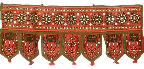 Elephant Handmade Tapestry Cotton Door Wall Hanging Ethnic Topper Toran Indian Window Valance (37 x14 Inches) (RED)