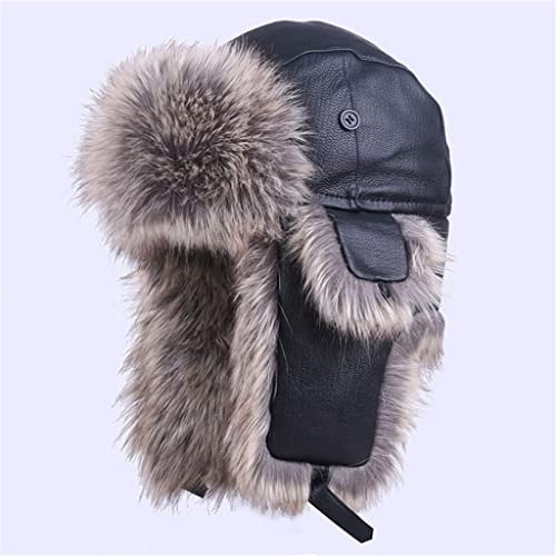 EPASHA Wintermützen, Bombermützen, Bombermütze aus echtem Leder, Winter, warm, Plüsch, Flieger-Ohrenklappen, Schnee-Ski-Mütze, russisch (Farbe: D, Größe: XXL (60 cm))
